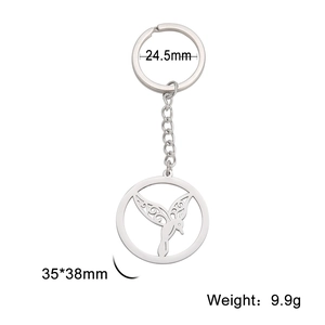 Polished stainless steel keychain with hummingbird pendant and dimensions scale