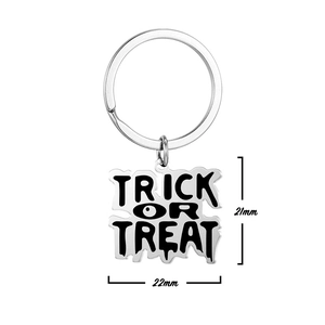 Détail du porte-clés Trick or Treat en acier inoxydable avec dimensions 21x22mm