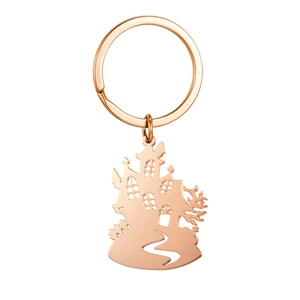 Rose gold stainless steel keychain featuring a hollow-out Halloween haunted house design