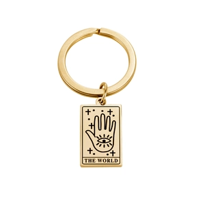 18K gold plated stainless steel keychain featuring a World tarot card pendant design