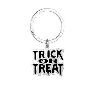 Porte-clés Halloween en acier inoxydable poli avec inscription Trick or Treat stylisée