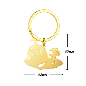 Golden Halloween RIP tombstone and skeleton hand shovel keychain 32mm stainless steel pendant
