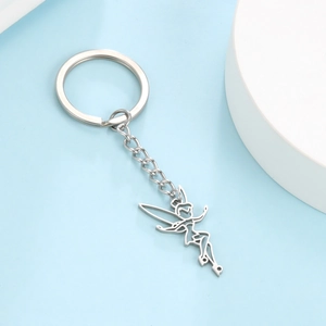 Silver stainless steel cutout fairy pendant keychain with minimalist circle keyring