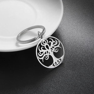 Tree Of Life Stainless Steel Keychain Hollow Round Pendant Key Ring For Car Home Keys Minimalist Silver Metal Charm Gift
