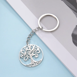 Silver stainless steel Tree of Life keychain featuring intricate hollow-out round pendant