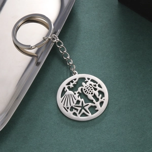 Porte-Clés en Acier Inoxydable Thème Océan Ajouré Pendentif Rond Tortue de Mer Étoile de Mer Coquillage Cadeau Bijoux Femme Homme