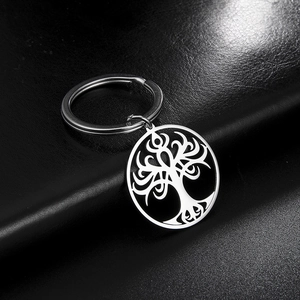 Polished stainless steel Tree of Life keychain with hollow round pendant on black leather
