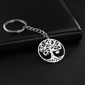 Tree Of Life Stainless Steel Keychain Hollow Out Round Pendant Natural Style Silver Metal Key Ring For Women Men Daily