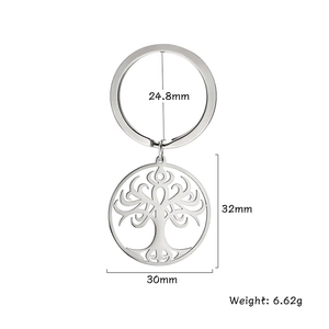 Polished stainless steel Tree of Life keychain with hollow circular pendant and ring
