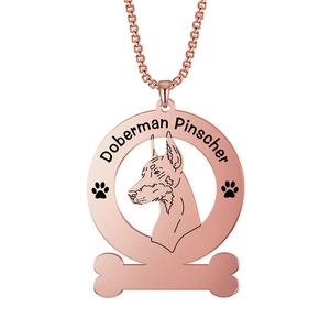 Roségouden roestvrijstalen ketting met Dobermann Pinscher hanger in een ronde omlijsting