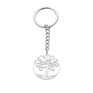 Polished stainless steel Tree of Life keychain with cutout circular pendant on white background