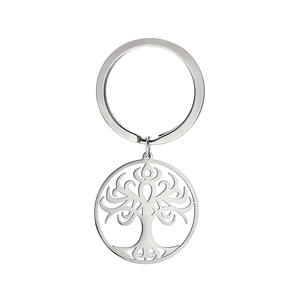 Polished stainless steel Tree of Life hollow circular keychain on white background