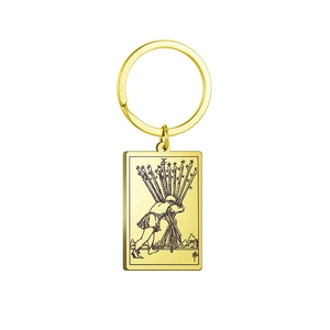 Golden stainless steel keychain with Ten of Wands tarot card rectangular pendant