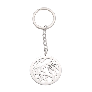 Porte-clés en acier inoxydable poli avec pendentif océan ajouré, tortue et étoile de mer