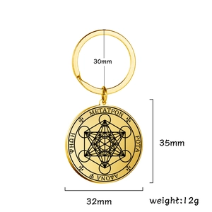 Detailansicht goldener Metatron-Würfel Schlüsselanhänger mit geometrischen Mustern