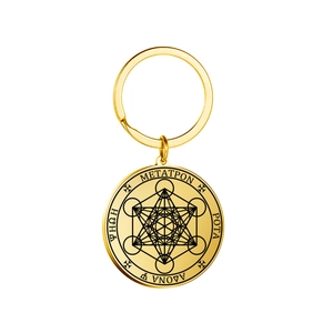 Goldener Schlüsselanhänger aus Edelstahl mit Metatron-Würfel Gravur und Geometrie