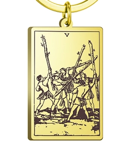 Macro view of gold stainless steel rectangular tarot card keychain with Five of Wands design