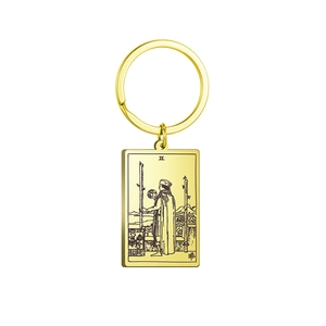 Golden stainless steel Tarot Two of Wands rectangular charm keychain with vintage engraving