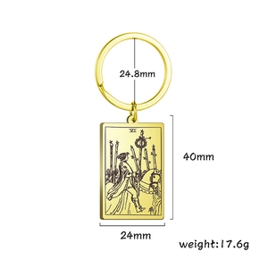 Gold stainless steel tarot keychain featuring Six of Wands rectangular pendant