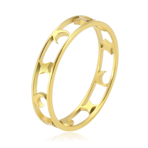 Anillo minimalista de acero de titanio dorado con patrones de estrellas y lunas caladas