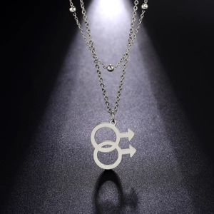Double-layered stainless steel necklace with interlocking male symbol pendants and bead chain