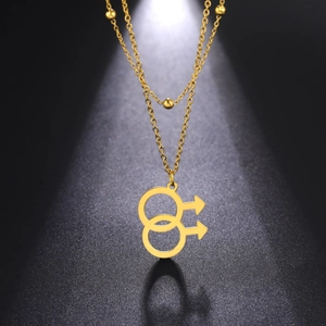 Double layer gold stainless steel necklace featuring intertwined male symbols with beads