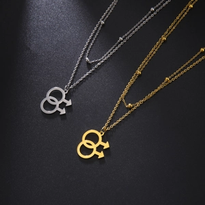 Titanium Steel Double Layer Necklace With Intertwined Double Male Symbol Pendant LGBTQ Pride Bead Chain Jewelry For Men Women