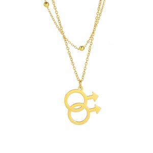 Double layer gold necklace with Mars symbols pendant and bead chain on white background