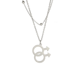 Detail of silver double-layered stainless steel necklace with dual male Mars symbols
