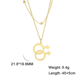 Double layer gold necklace with interlocking male Mars symbol pendants and bead chain