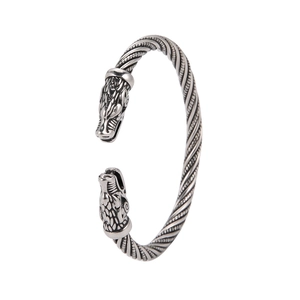 Bracciale rigido retrò in acciaio inossidabile con doppia testa di lupo vichingo