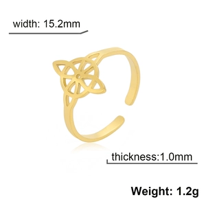 Adjustable hollow four-petal leaf gold steel ring with 15.2mm width and 1.2g weight