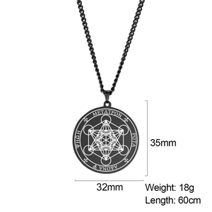 Collier en acier noir avec pendentif cube de Métatron et gravure laser géométrique