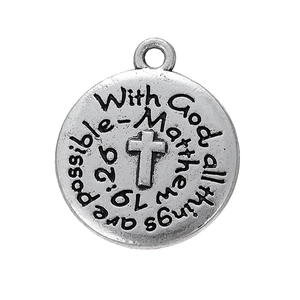 Ciondolo Rotondo in Lega Argento Antico con Croce Girevole Iscrizione Versetto Biblico per Collana Accessorio DIY