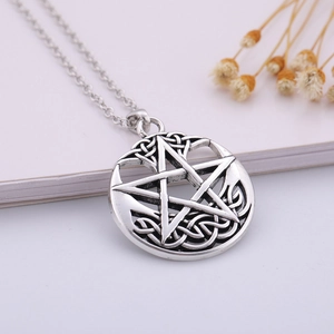 Vintage Viking pentagram pendant necklace with Celtic knot patterns in antique silver finish
