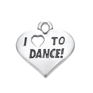 Pendentif cœur en alliage argenté vintage avec gravure I LOVE TO DANCE sur fond blanc