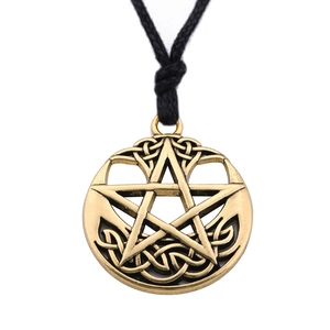 Vintage bronze pentagram necklace with celtic knots on black woven rope for men