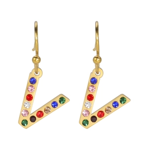 Boucles d'oreilles lettre V avec strass multicolores et finition plaquée or chic