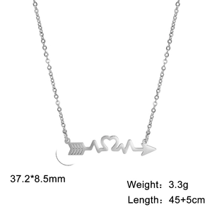 Polished stainless steel heartbeat arrow necklace with heart pendant, 45cm chain length