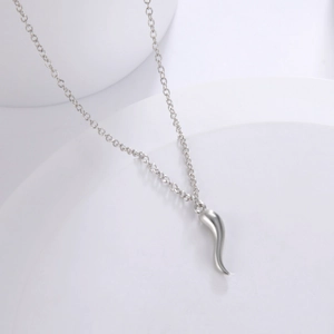 Detail shot of silver chili pendant on delicate chain over white geometric platform
