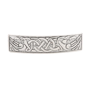 Vintage silver rectangle hair clip with Celtic knot and bird relief on white background
