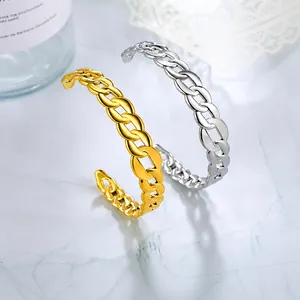 Stainless Steel Geometric Chain Link Bangle Gold Silver Plated Open Adjustable Cuff Bracelet For Women Minimalist Jewelry