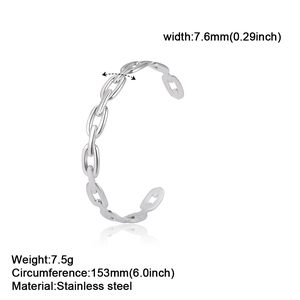 Polished silver stainless steel open bangle with stylish chain link oval pattern
