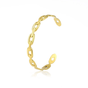 Gold plated stainless steel oval link chain open bangle with a polished mirror finish