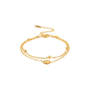 Elegant gold double-layer stainless steel bracelet with clover and bead charms