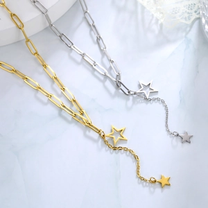 Stainless Steel Double Star Pendant Necklace For Women Gold Silver Paperclip Chain Fashion Star Charm Y-Shape Jewelry Gift