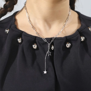 Double star pendant necklace with paperclip chain in silver stainless steel for women