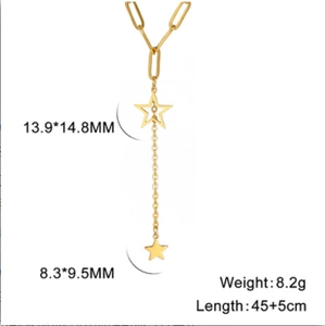 Gold stainless steel paperclip chain necklace with hollow and solid star pendants