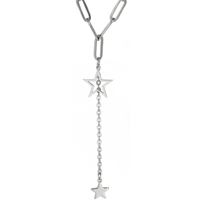 Silver stainless steel Y-necklace with paperclip chain and hollow star pendant