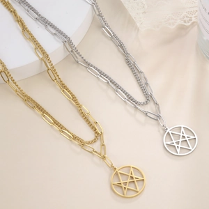 Collier Double Couche en Acier Inoxydable pour Femme Plaqué Or Argent Chaîne Trombone Pendentif Étoile Creux Géométrique